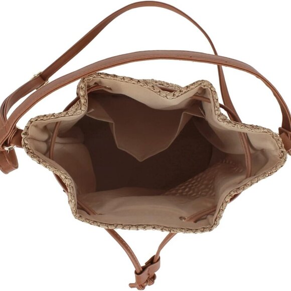 Cotton Linen Woven Drawstring Shoulder Bag Summer Beach Purse Casual Use - Picture 5 of 6